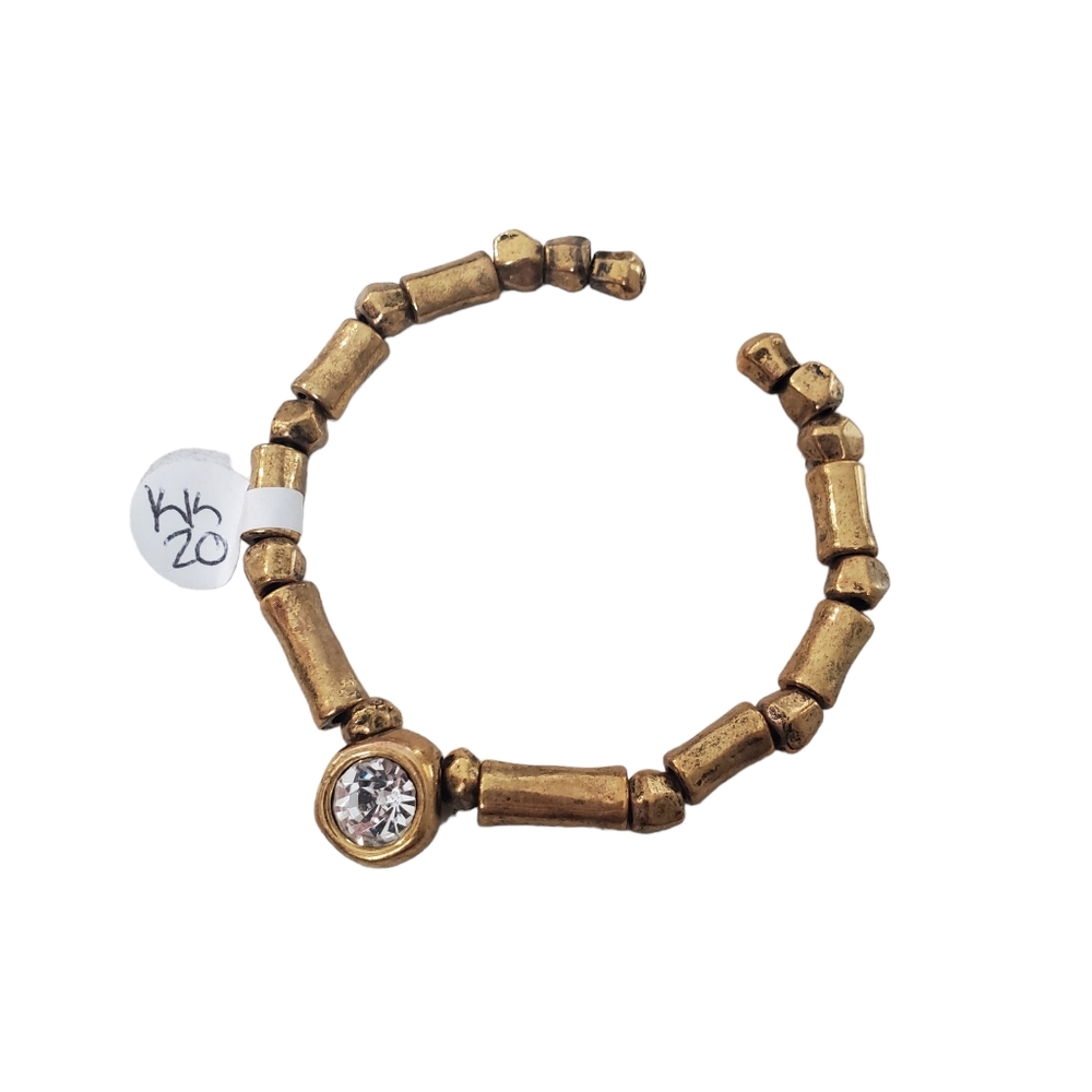 Burnished Gold Bronze Beaded Bracelet Crystal Clear Rhinestone Charm